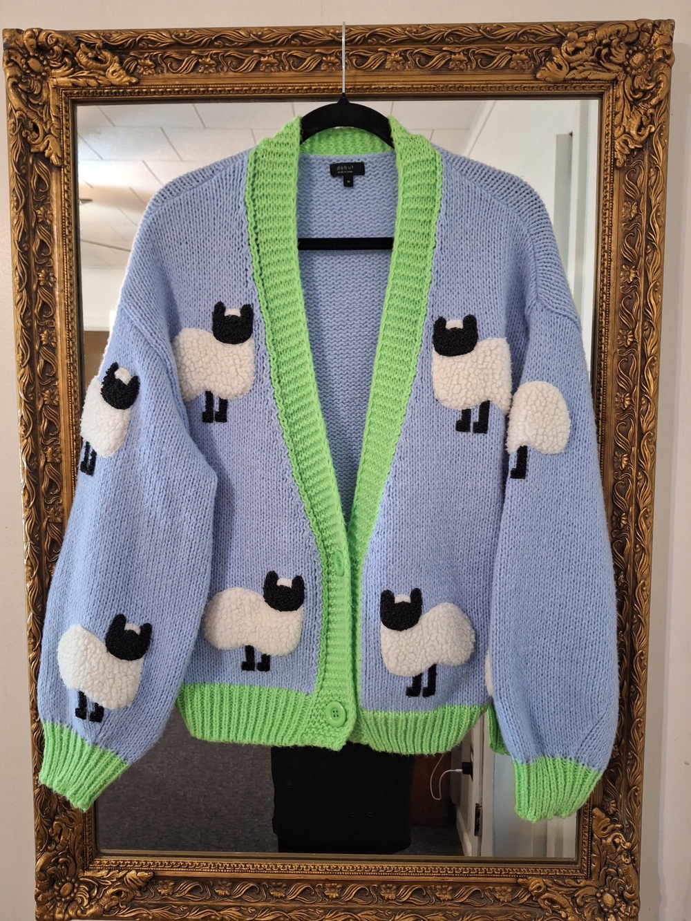 Pastel Blue Sheep Knit Cardigan with Lime Trim